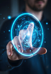Hand Touching Glowing Blue Circle Abstract Digital Interface