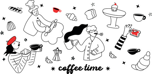 Creative hand-drawn vector of coffee, sweets, and people &mdash; great for web design, stickers, and posters.