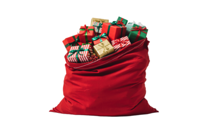 A large red sack overflowing with christmas gifts wrapped in colorful paper and tied with ribbons