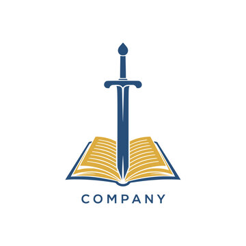 Logo design featuring a stylized sword piercing an open book, symbolizing the powerful intersection of knowledge, justice, and truth, ideal for legal, educational, or publishing companies