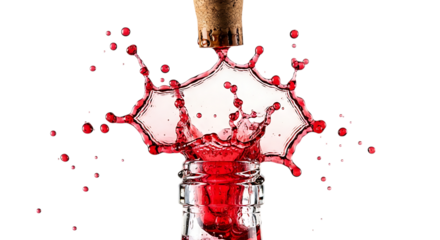 A vibrant splash of red wine bursts from a clear glass bottle as the cork is popped, capturing the essence of celebration and indulgence, isolated on transparent background the dynamic motion of the l