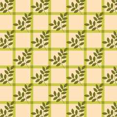 Seamless leaf pattern with green grid background