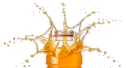Refreshing splash of orange juice erupting from a glass jar isolated on transparent background, capturing the vibrant energy and deliciousness of the beverage in a dynamic and eyecatching composition