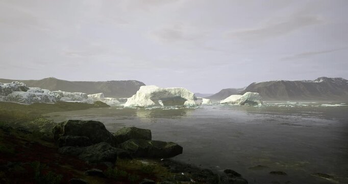 Icebergs drift in calm waters, with rocky shores and distant hills visible under a soft dawn light. The tranquil atmosphere highlights natures beauty in this remote location.