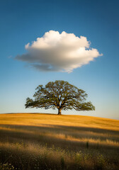 Solitary Tree on Golden Hill Under Blue Sky with Cloud