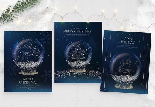 Christmas Flyer Template with Luxe Snow Globe Illustration in Blue & Gold Winter Wonderland Scene