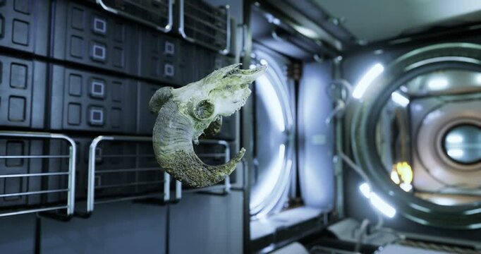 A ram skull floats in the low gravity environment of a space station. The walls are lined with storage compartments and illuminated with circular lights, creating a futuristic atmosphere.