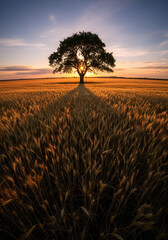 Solitary Tree Shadow in Golden Wheat Field under Sunny Sky