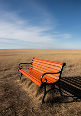 Orange Bench on Tan Grass Plain Under a Wide Cloudless Blue Sky