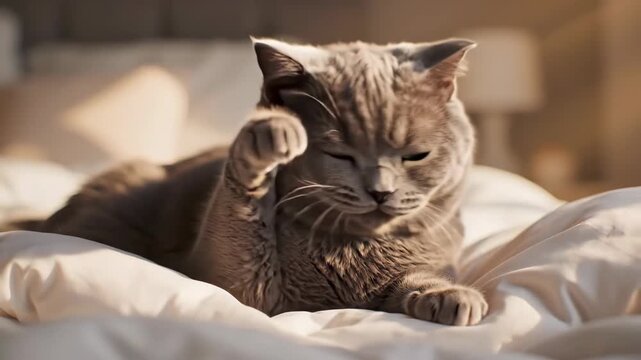 Gray cat yawning widely in bed. Pet resting sleepily on a comfortable white blanket. Adorable feline portrait for animal lover concept.