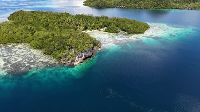 Raja Ampat. Indonesia. Aerial view of lush tropical islands and turquoise lagoons in showcasing pristine nature and coral-rich waters.	