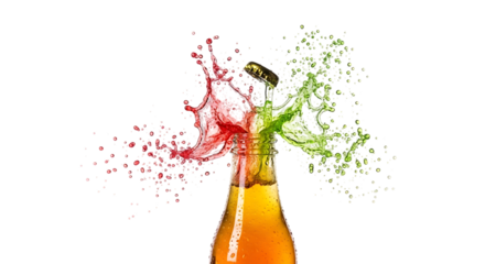 A vibrant explosion of red and green liquid bursts from a bottle, creating a dynamic and eyecatching display isolated on transparent background the contrasting colors and energetic motion evoke a sens