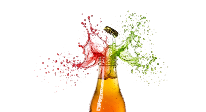 A vibrant explosion of red and green liquid bursts from a bottle, creating a dynamic and eyecatching display isolated on transparent background the contrasting colors and energetic motion evoke a sens