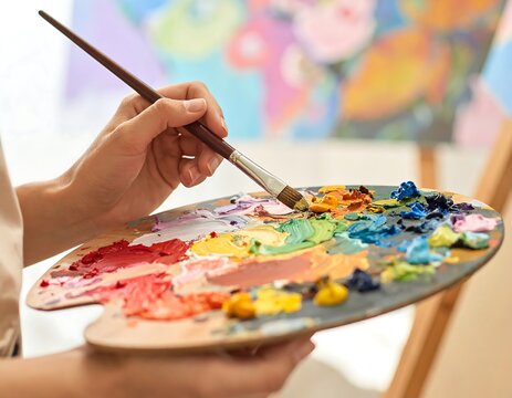 Artist s hand holding a paint palette with colorful oil paints and brush
