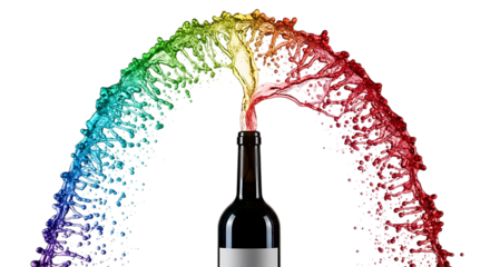 A vibrant explosion of rainbowcolored liquid erupts from a wine bottle isolated on transparent background, creating a visually stunning and abstract representation of celebration, diversity, or artist