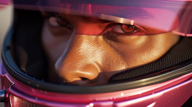 close-up portrait of a sun-kissed male model with glowing tanned skin, wearing a sleek, aerodynamic glossy fuschia Formula 1 racing helmet with a wide clear visor