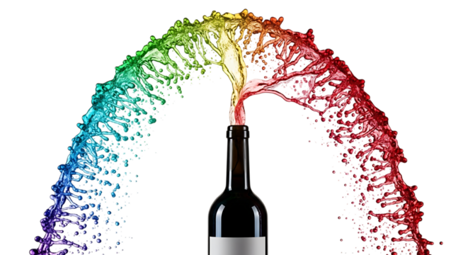 A vibrant explosion of rainbowcolored liquid erupts from a wine bottle isolated on transparent background, creating a visually stunning and abstract representation of celebration, diversity, or artist