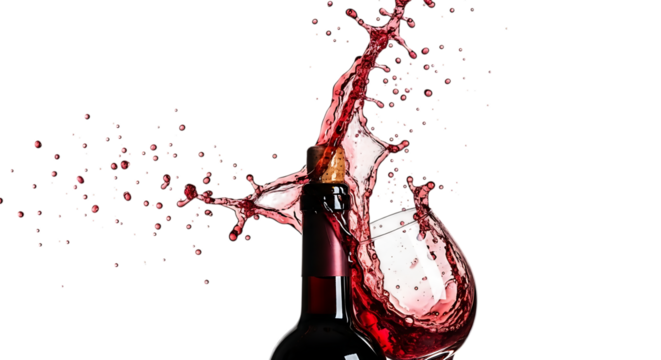 A vibrant splash of red wine erupts from an uncorked bottle, creating a dynamic and celebratory image isolated on transparent background the rich color and fluid motion evoke a sense of indulgence and