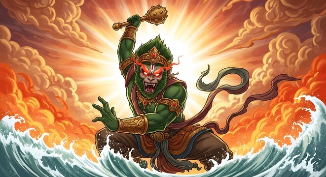A powerful green monkey god with a mace, standing in the ocean with fiery clouds and a bright sun in the background, depicting a mythological or fantasy scene