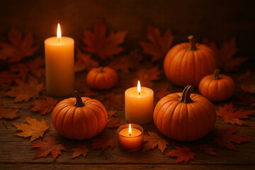 Autumnal Glow: A cozy scene of the season unfolds, with several pumpkins nestled among fallen leaves. Lit candles cast a warm, inviting glow.