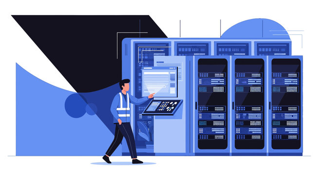 Illustration showcasing a data center technician monitoring server performance and network