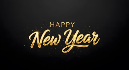 Elegant happy new year text in golden calligraphy with sparkling glitter on a dark background
