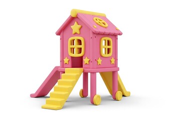Pink and yellow plastic playhouse with slides and stairs