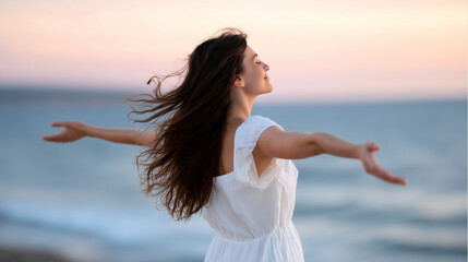 ChatGPT ÑÐºÐ°Ð·Ð°Ð»:Woman standing by the sea with outstretched arms, facing the horizon, feeling the wind and freedom. She wears a white summer dress, her long hair flowing naturally i