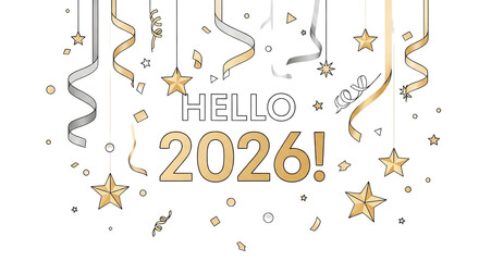 Festive hello 2026 celebration with golden stars and ribbons isolated on transparent background