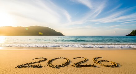 The year 2020 written in the sand on a tropical beach with gentle waves rolling in and a beautiful sunset casting a warm glow over the ocean and hills
