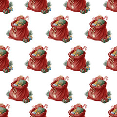 A seamless pattern featuring a red gift bag filled with presents, rendered in a cozy watercolor style. Perfect for Christmas packaging, fabrics, wrapping paper, and holiday stationery.