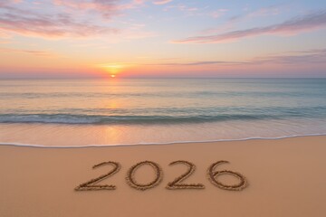 2026 drawn in beach sand with ocean waves at sunrise, peaceful mood