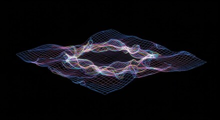 Glowing three dimensional undulating wireframe structure floats against absolute black background