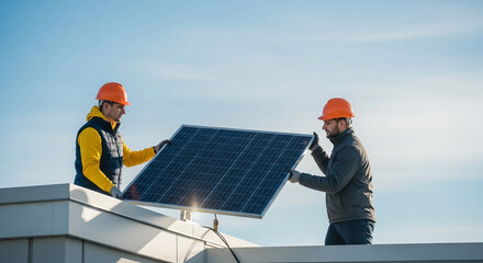 Two workers installing a solar panel on a rooftop under a blue sky, representing clean energy, sustainability, and environmental responsibility