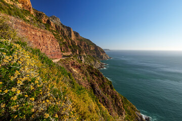 Breathtaking coastline view along Chapman’s Peak Drive near Hout Bay, Cape Town, Western Cape; rugged cliffs, blue ocean, winding road, iconic South African landscape under clear sky.