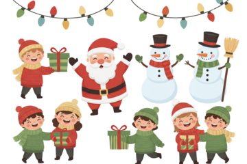  Cartoon Holiday Icons with Santa, Children, and Winter Elements, isolated on transparent background.png