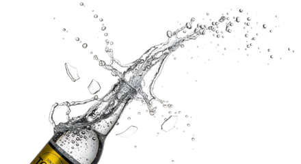 Water erupts from a tilted glass bottle isolated on transparent background, forming a dramatic splash with droplets scattering in every direction, capturing the essence of dynamic movement and the bea