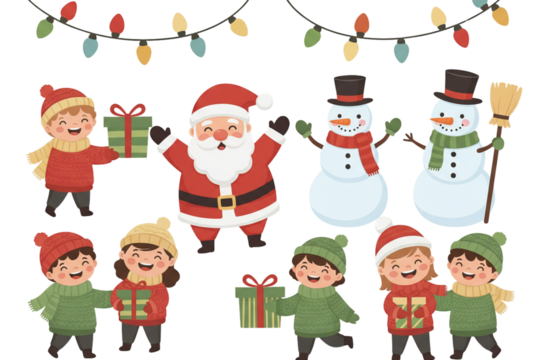 Cartoon Holiday Icons with Santa, Children, and Winter Elements, isolated on transparent background.png