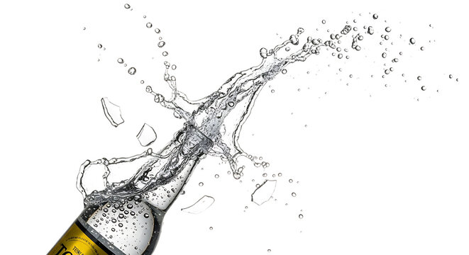 Water erupts from a tilted glass bottle isolated on transparent background, forming a dramatic splash with droplets scattering in every direction, capturing the essence of dynamic movement and the bea