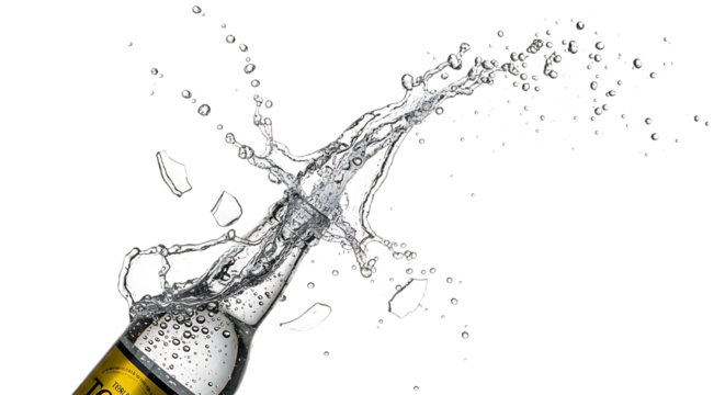 Water erupts from a tilted glass bottle isolated on transparent background, forming a dramatic splash with droplets scattering in every direction, capturing the essence of dynamic movement and the bea