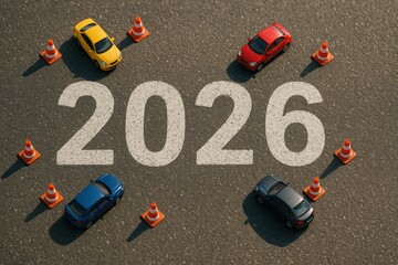 Miniature toy cars and cones on asphalt with bold 2026 text concept