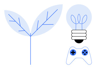 Leaf with branching veins, light bulb incorporating leaves, and game controller combining nature and technology. Ideal for sustainability, eco-innovation, green energy, gaming, environmental design