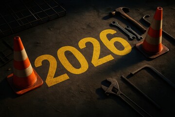 Construction tools and cones on asphalt background with 2026 text