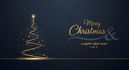 Elegant christmas tree made of golden light swirls and sparkles on a dark blue background, with merry christmas a happy new year text