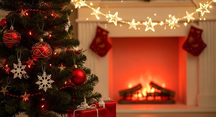 Evergreen holiday decoration glows warmly beside a festive hearth setting