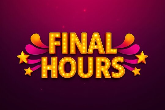 Exciting final hours sale announcement with marquee lights and starbursts on a vibrant purple background