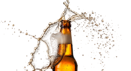 Closeup shot of a beer bottle with splashing liquid isolated on transparent background, creating a dynamic and refreshing visual, perfect for advertising or promotional materials in the beverage indus