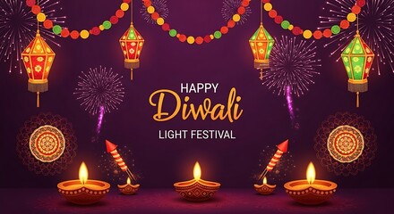 Festive celebration banner features traditional lamps and decorative hanging lanterns against a dark background