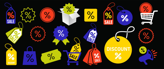 Discount flat icon vector with percentage up and down symbols. Set of price tags, coupons, promo labels, sale badges, stickers, shopping carts, and special offer icons for marketing and e-commerce.