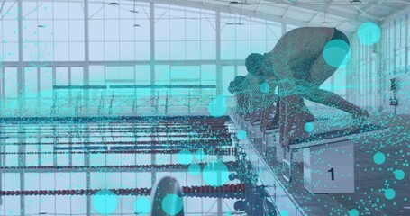 Poising swimmer leaning forward on starting block at swim center, with digital overlays, copy space